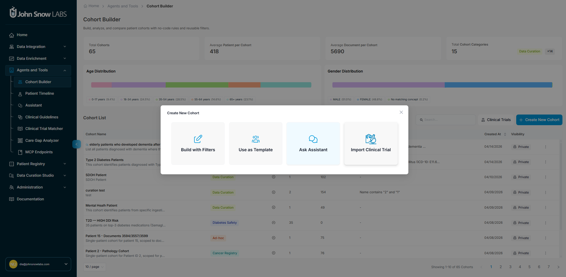 Cohort Builder Interface — visual filter builder for defining cancer registry patient cohorts using OMOP CDM fields, with support for templates, conversational AI, and manual criteria